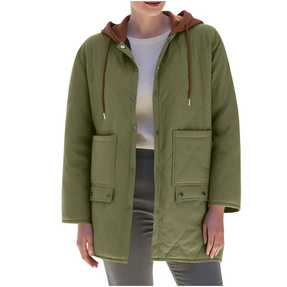 SnZhen Women's Lightweight Quilted Coats Fashion Jacket Hooded Breasted Long Sleeve Warm Oversized Coat With Pockets Army Green XXL