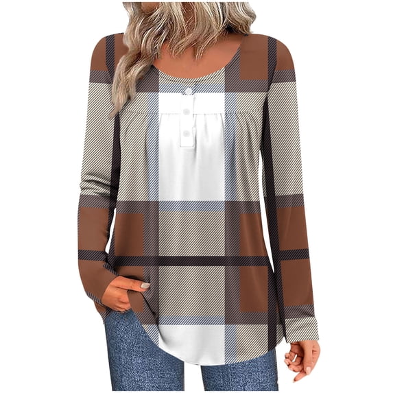 SnZhen Women's Long Sleeve Top Fashion Printed Round Neck Button Loose Pleated Pullover Comfy T-shirts Tops