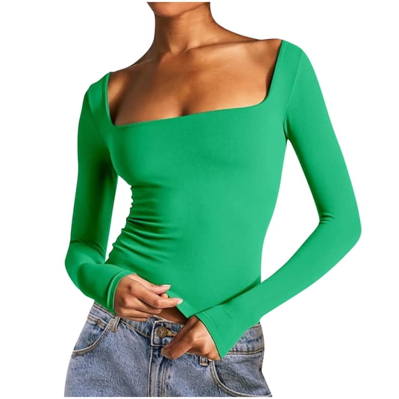 SnZhen Women's Long Sleeve Tops Casual Solid Color Square Neck Fall/Winter Slim Buttom Blouses Top Green M