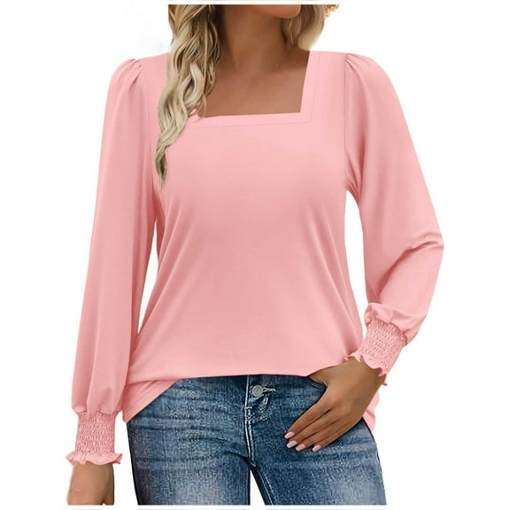 SnZhen Women's Long Sleeve Tops Fall/Winter Casual Fashion Solid Color Square-Neck Loose Pullover Blouses Tops Pink L