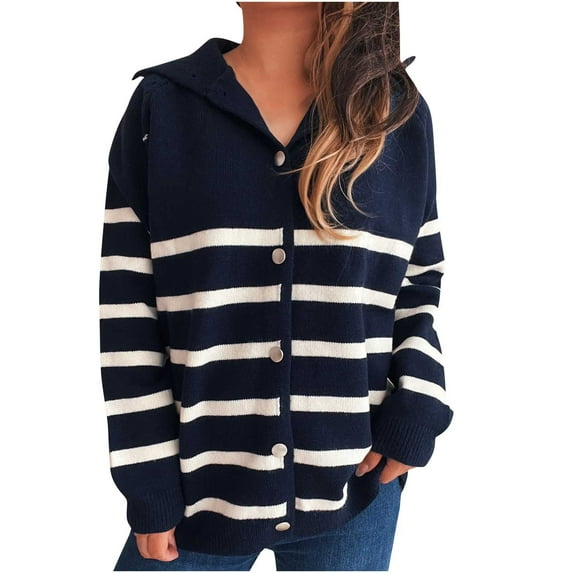 SnZhen Women's Long Sleeve Tops Fashion Solid Color Striped Button Casual Comfortable Cardigan Sweater Navy L