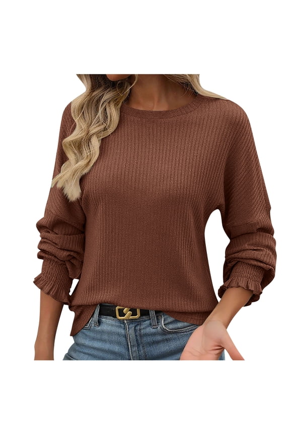 Women's Long Sleeve Tops Fashion Women's Solid Color Round Neck Comfy Ruffer Sleeve Loose Top Brown S