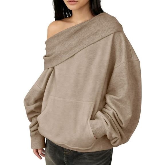 SnZhen Women's Loose Sweatshirt Blouse Two Style Casual Solid Color Long Sleeve Off Shoulder Hooded Pullover Tops with Pocket Khaki L