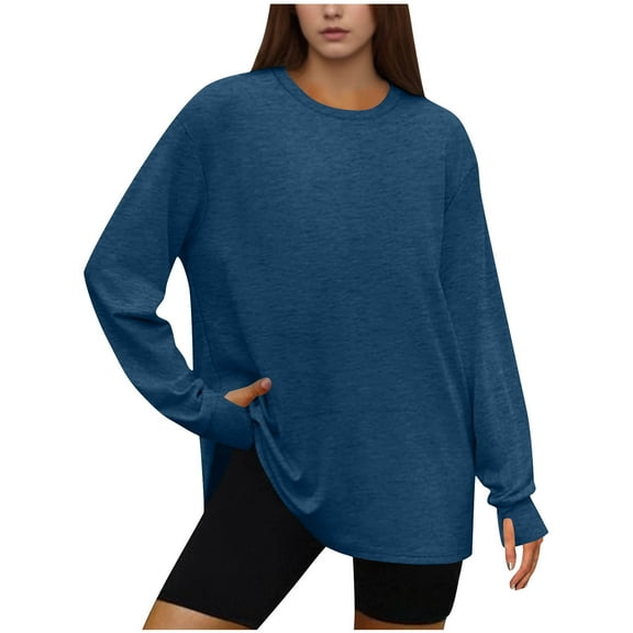 SnZhen Women's Loose Tops Oversized Ladies Solid Color Round Neck Thumb Drop Long Sleeve Sweatshirts Top Blue XL