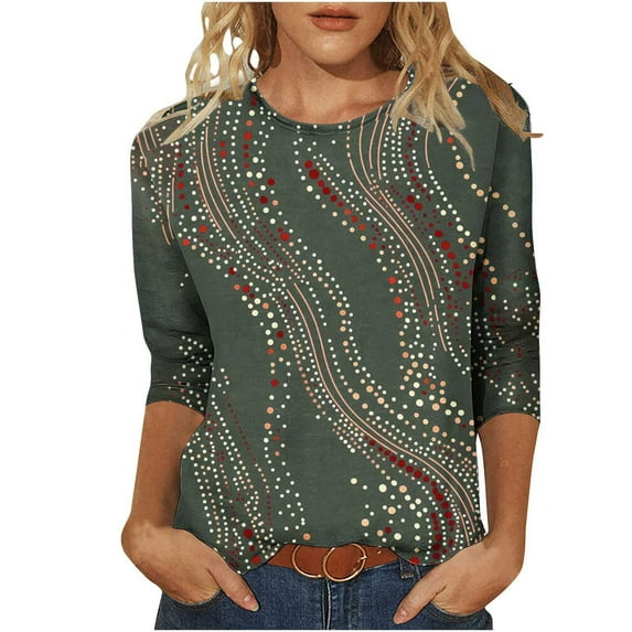 SnZhen Women's Loose Tops Trendy Printing Crew Neck Casual 3/4 Sleeve Pullover Versatile T-Shirts Top Green S