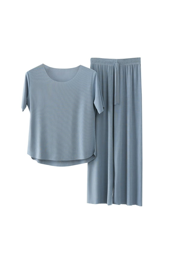 Women's Thin Ice silk Pajamas Suit Plus Size Short Sleeved Long Pants Casual And Home Wear Two-piece Set Blue XXL