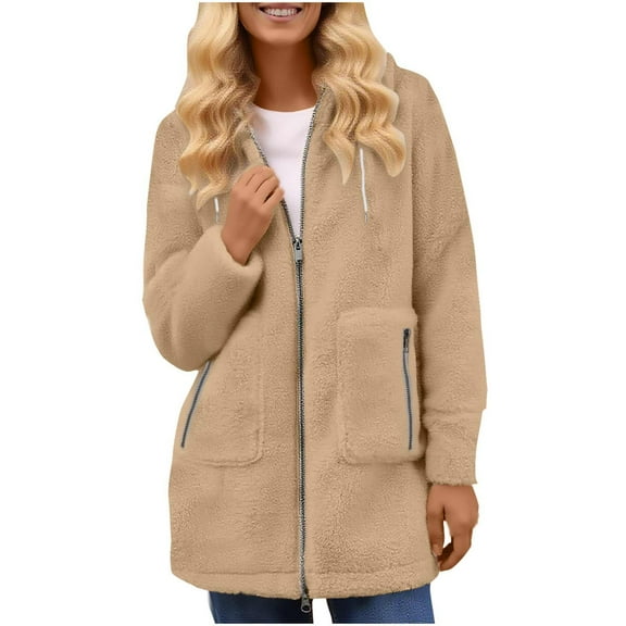 SnZhen Women's Polar Fleece Jacket Solid Color Zipper Pocket Long Sleeve Hooded Thermal Cardigan Coat Beige L