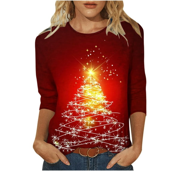 SnZhen Women's Printing Tops for Christmas Fashion Casual Festival Printed Round Neck 3/4 Sleeve Loose T-shirt Blouse Top A-Beige M