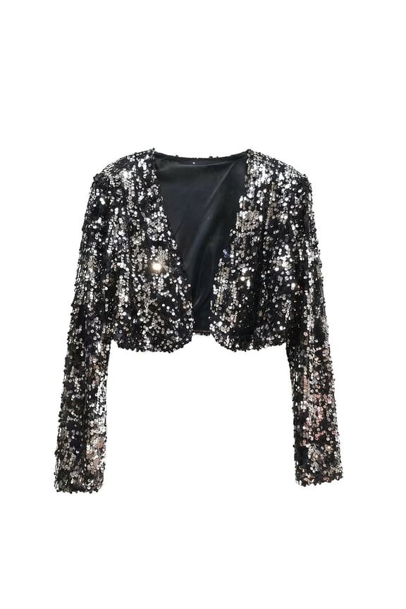 Women's Sequin Coat Fashionable Solid Color Slim Fit Long Sleeve Short Jacket for Party & Evening Black S