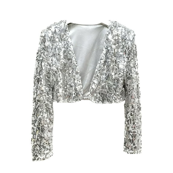 SnZhen Women's Sequin Coat Fashionable Solid Color Slim Fit Long Sleeve Short Jacket for Party & Evening Silver L