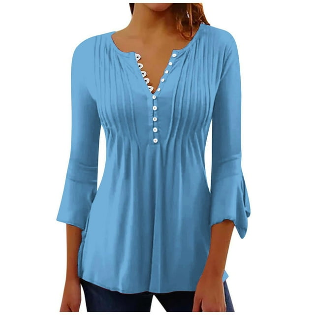 SnZhen Women's Solid Color Button Down Shirt Casual Pleated Blouse with Belted Waist & Flared 3/4 Sleeves Tunic Top