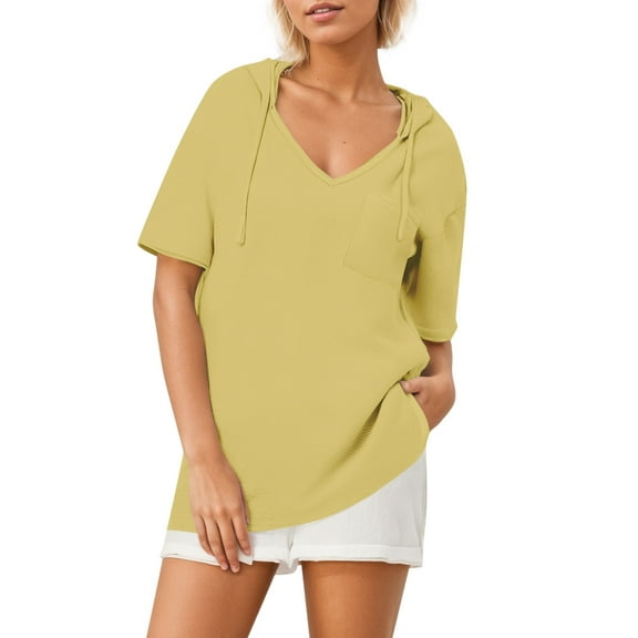SnZhen Women's Solid Color Casual Tops Fashion Pocket Hat Drawstring Short Sleeved V-Neck Top/shirt