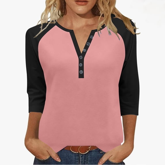 SnZhen Women's Tops 3/4 Sleeve Fashion Button V-neck Three Quarter Sleeve Raglan T-shirt Loose Comfy Top Light Pink XL