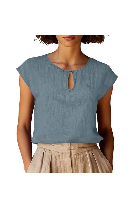 Women's V-Neck Keyhole Cutout Blouse Linen Blend Short Sleeve Casual Shirt Light Blue S