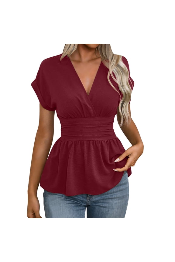 Women's V-Neck Short Sleeve Peplum Blouse Ruched Waist Casual Summer Top Wine L