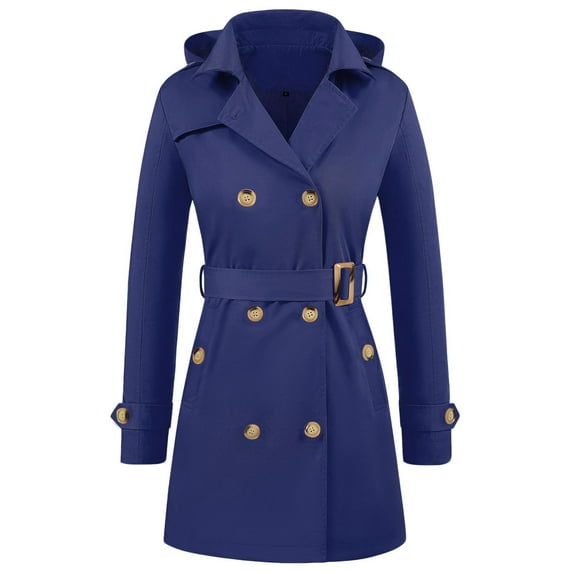 SnZhen Women's Windproof Jacket Fashion Solid Color Double-Breasted With Pocket & Waist Belt Hooded Jackets Blue XXL