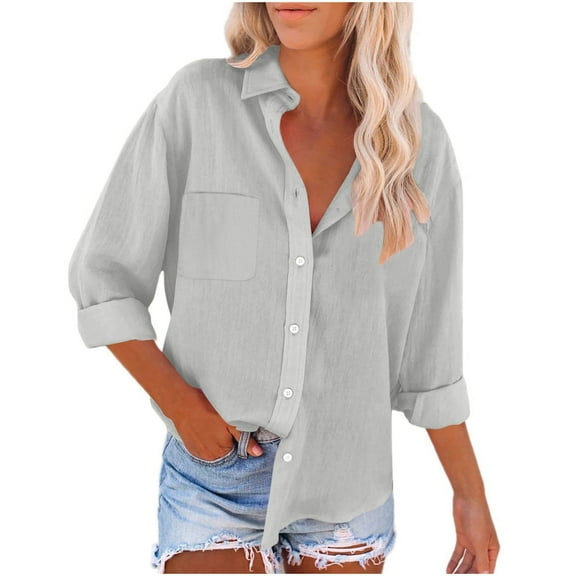 SnZhen Womens Casual Button Shirts Fashion Solid Color V-Neck Loose Blouse Long Sleeve Lesiure Loose Tops With Pocket