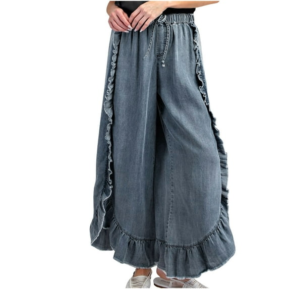 SnZhen Womens Cotton Flounce Ruffled Flared Solid Color Full Length Pants Loungewear for Women Blue M