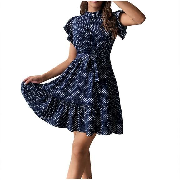 SnZhen Womens Elastic Waist Dresses Women's Temperament Dress Summer Lace-Up Waist Draw Pleated A-Line Dress