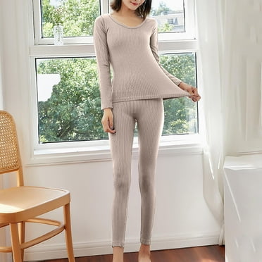 SnZhen Womens Thermal Underwear Set Womens Threaded Long Sleeved Round Neck Base Warm Suit Casual Tight Pajama Set A-Gray Free Size