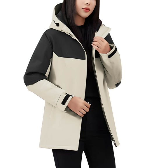 SnZhen Womens Winter Plush Windbreaker Colorblock Long Sleeve Zipper with Pocket Hooded Windproof Waterproof Warm Outdoor Hiking Coats L