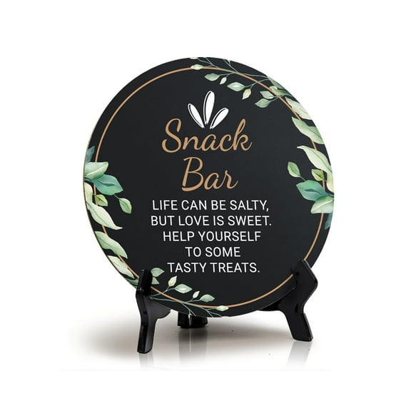 Snack Bar Life Can Be Salty, But Love Is Sweet. Help Yourself To Some Tasty Treats. (5 x 5) Circle Table Sign with Acrylic Stand | Wedding & Home Decor