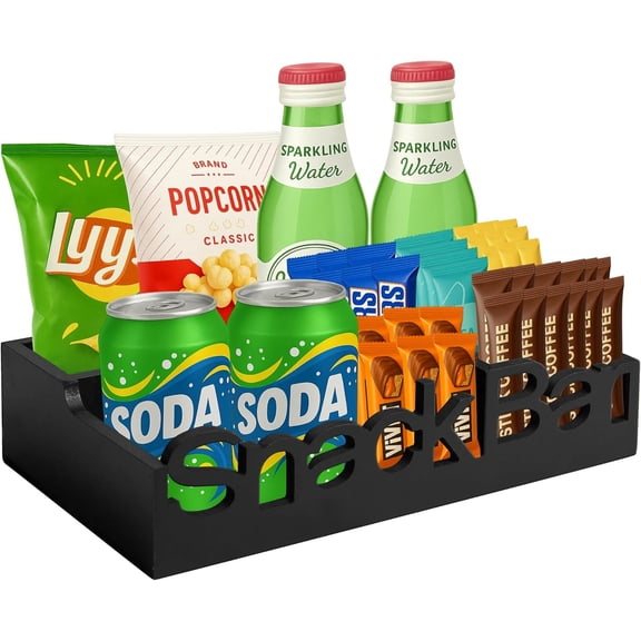 Snack Bar Organizer - Black 4 Compartment Station, Countertop Pantry Organizer for Kitchen, Office Holder, Candy Storage Bin, Display Stand, Cabinet Tray & Shelf