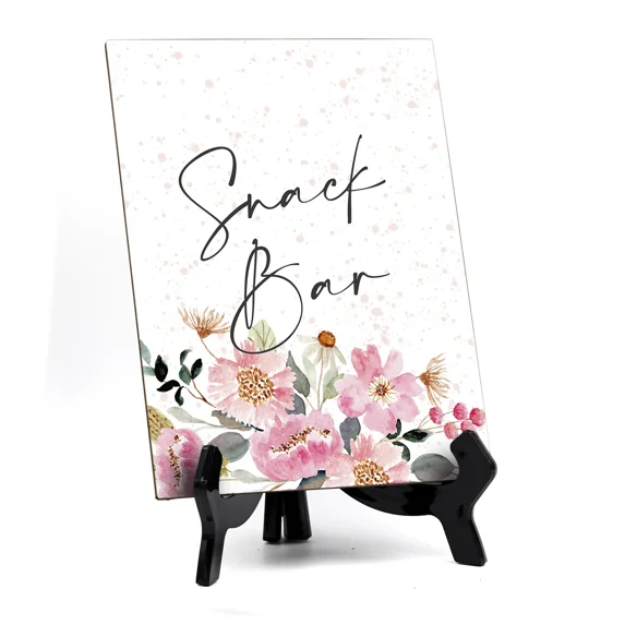 Snack Bar Table Sign With Easel, Floral Watercolor Design (6" X 8")