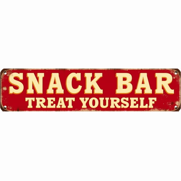 Snack Bar Tin Decor 16*4 Inches "SNACK BAR TREAT YOURSELF" Kitchen/Game Room Wall Art - Retro Food Accent, Snack Decor, Kitchen Metal Sign