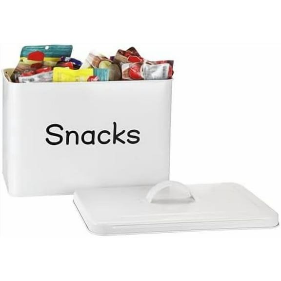 Snack Bin for Countertop, White Metal Snack Organizer for Pantry Kitchen, Rustic Snack Storage Container for Chips Candy Pretzels Cookies Popcorn