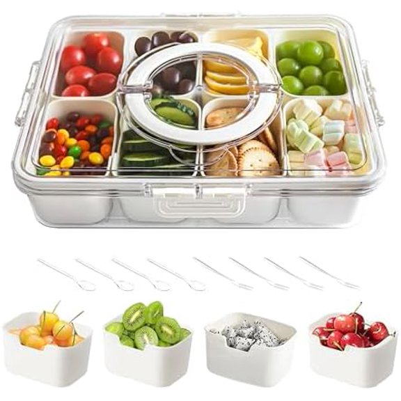 Snackle Box Container,Divided Serving Tray with Lid and Handle,Portable Snack Containers,8 Compartment Snack Box Container,Transparent Storage Box for Fruits,Vegetables, Candies