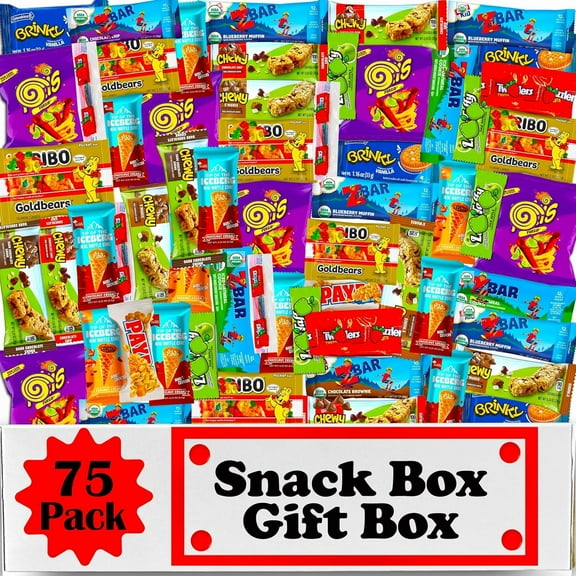Snack Box Variety Pack 75 Count Candy Gift Basket, Care Package with Assorted Individually Wrapped Snacks and Candies, for Adults, Kids, College Students, Road Trips, Office Snacks