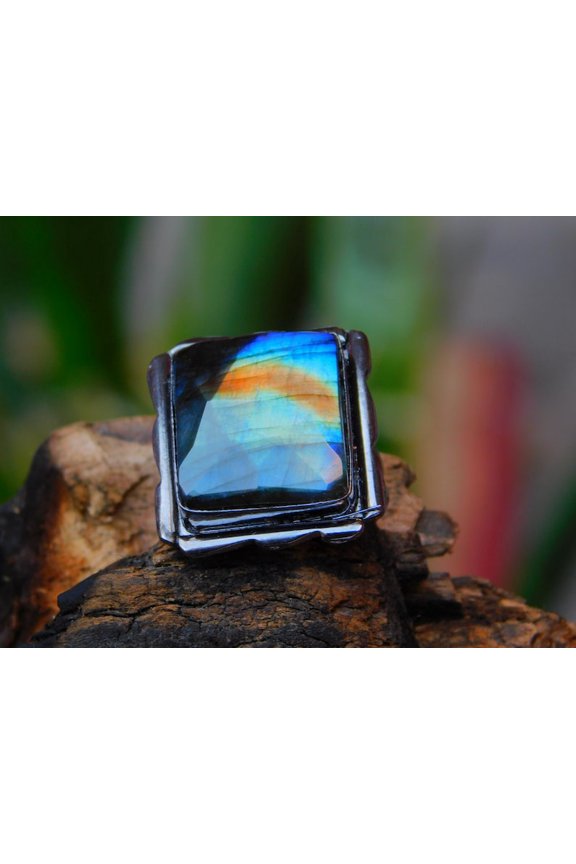 Snack Charmer's Inspired Rose Cut Labradorite Brass Ring Ethnic Black Rhodium Plated Handmade Gypsy Brass Labradorite Statement Ring