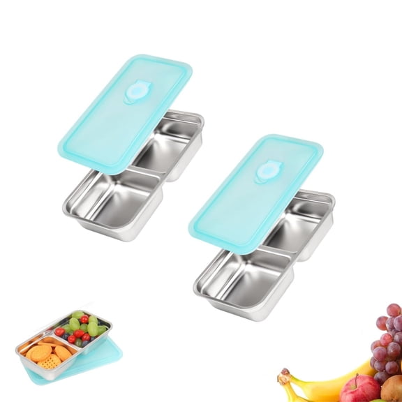 Snack Containers,2pcs Stainless Steel Double Compartment Snack Box Condiment Container,QZS Food Storage Boxes for Travel or Outdoor Camping