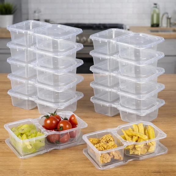 Snack Containers with Lids, Disposable 8 Oz Small Plastic Snack Boxes 2 Compartm