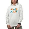 thumbnail image 1 of Snack Dealer, Funny Motherhood Themed, Groovy Retro Wavy Text Merch Gift, White Hooded Sweatshirt or Hoodie, Small, 1 of 5