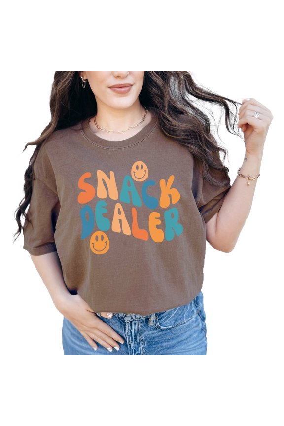 Snack Dealer, Mom of Kids Themed, Groovy Retro Wavy Text, Espresso Comfort Colors T-Shirt, Medium