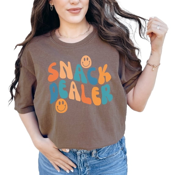 Snack Dealer, Mom of Kids Themed, Groovy Retro Wavy Text, Espresso Comfort Colors T-Shirt, Small
