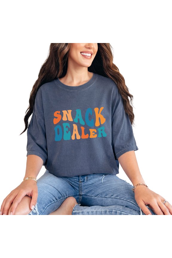 Snack Dealer, Moms of Kids Themed, Groovy Retro Wavy Text, Denim Comfort Colors T-Shirt, Small