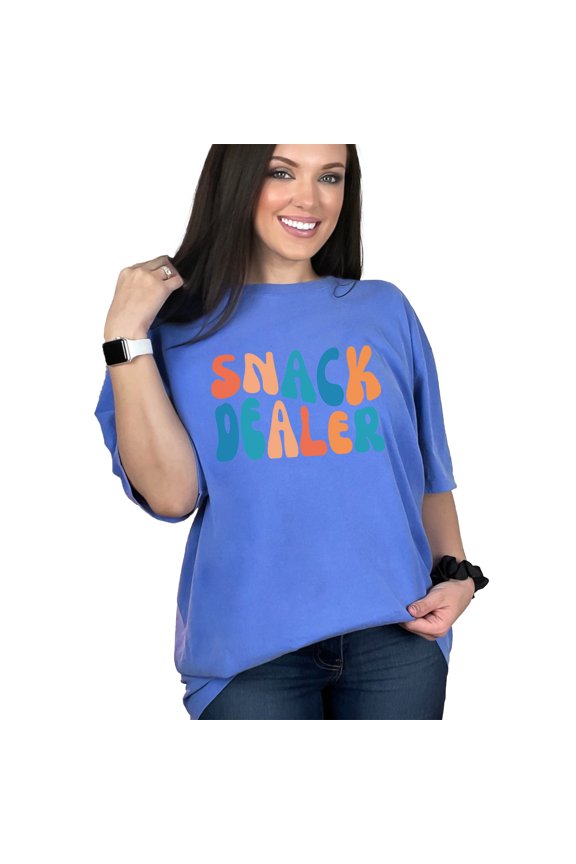 Snack Dealer, Mother of Kids Themed, Groovy Retro Wavy Text, Flo Blue Comfort Colors T-Shirt, Small