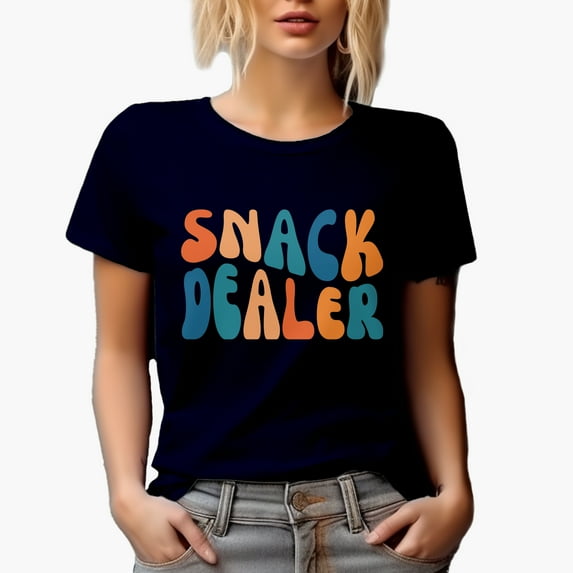 Snack Dealer, Mother of Kids Themed, Groovy Retro Wavy Text Merch Gift, Navy Blue T-Shirt, Medium