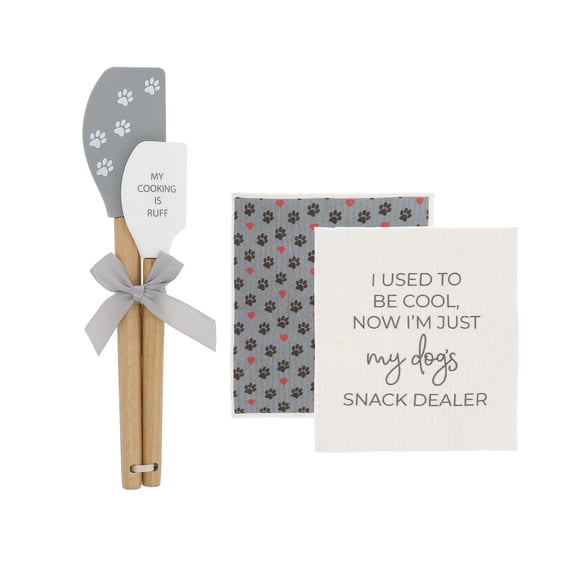 Pavilion Gift Company - Snack Dealer - 7.75" Set Of 2 Swedish Dish Towels 12" & 9.75" Spatula Set Kitchen Doggy Puppy K9 Lover Gift