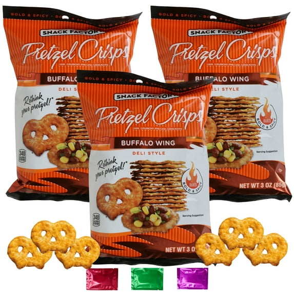 Snack Factory Buffalo Wing Pretzel Crisps, Thin Crunchy Pretzel Chips Bite Snack, Salad Toppers Dip Party Favor Stuffer Lunchbox Gourmet Crackers 3 oz 3 Bags w/ Bonus Snoep in Beperkte Oplage