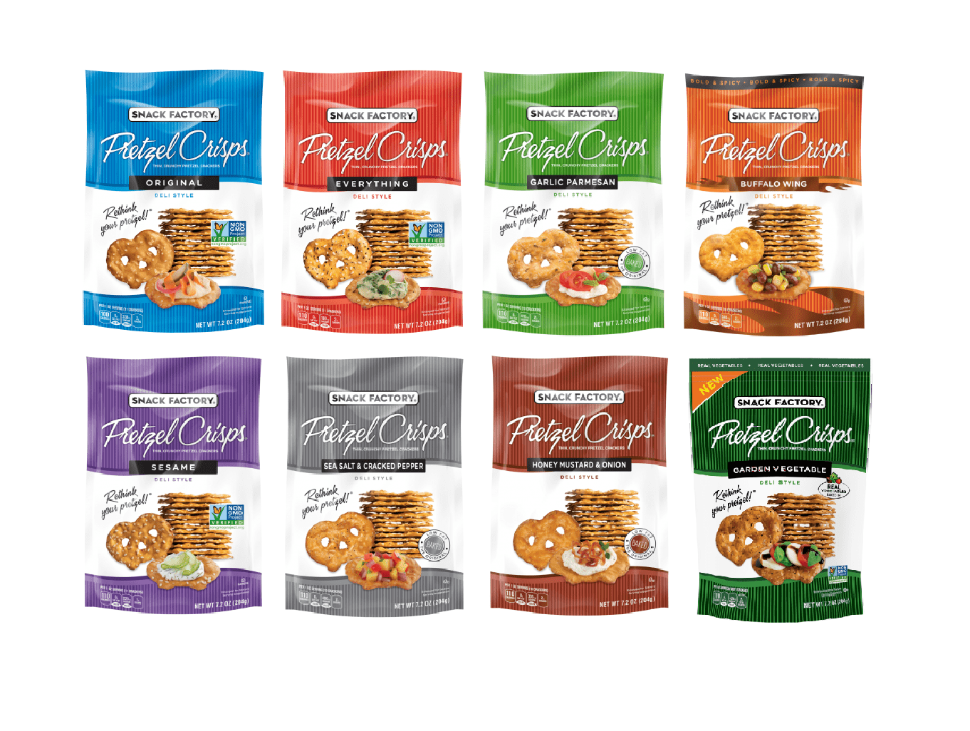 Snack Factory Deli Style Crunchy Pretzel Cracker Crisps, 8 Flavor Variety Pack, 7.2 Ounce Bags (Pack of 8)