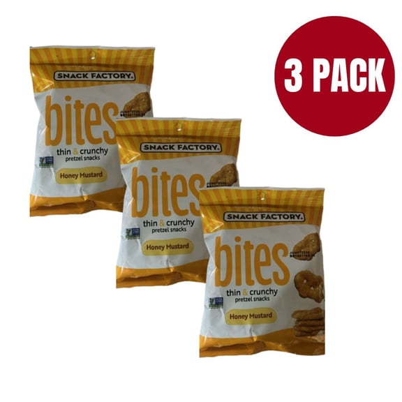 Snack Factory Honey Mustard Pretzel Bites (3 Pack Bundle) 2.6 oz Bags, Thin & Crunchy Non-GMO Pretzel Snacks