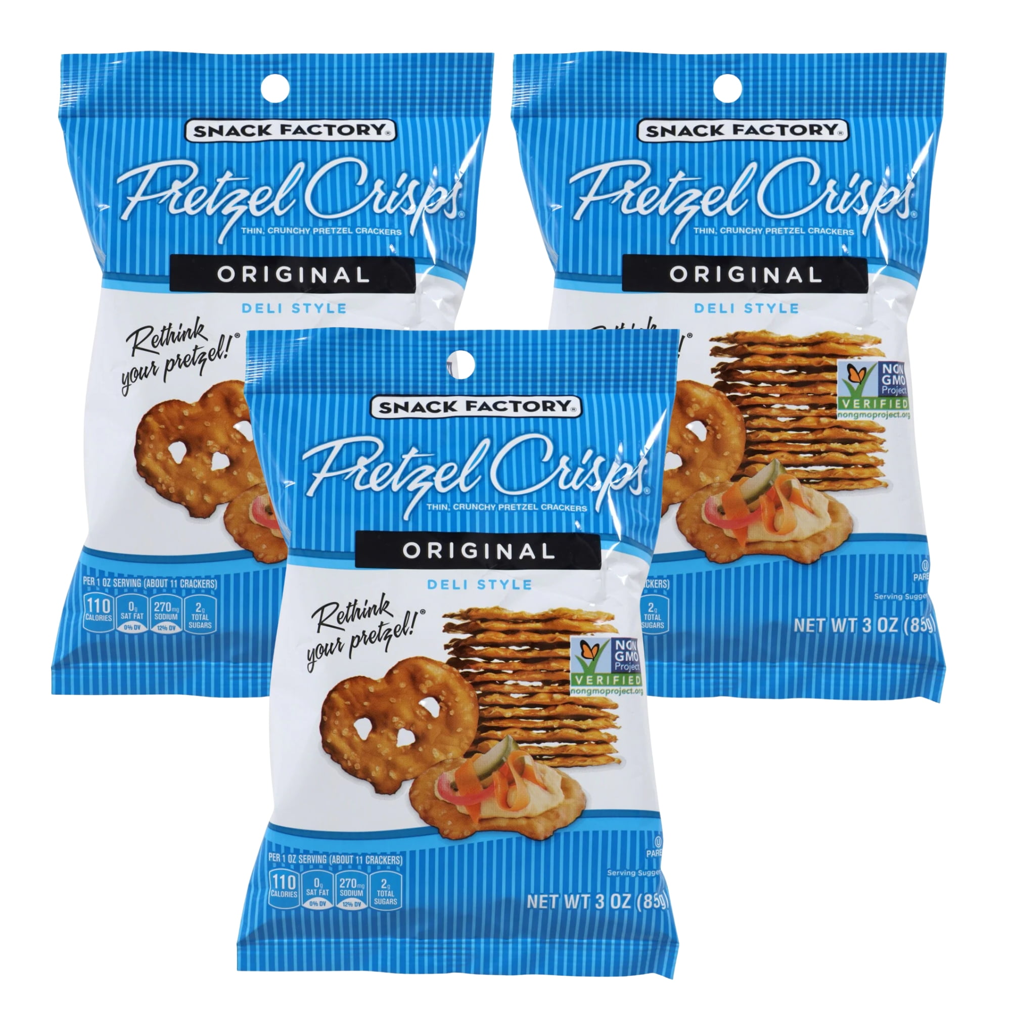 Snack Factory Original Deli Style Pretzel Crisps with Salted and Crunchy Taste for Kids Adults Snacking Lunchbox Travel Movie Night Pantry Stocks Camping Picnic On the Go Snacks 3oz  Pack of 3