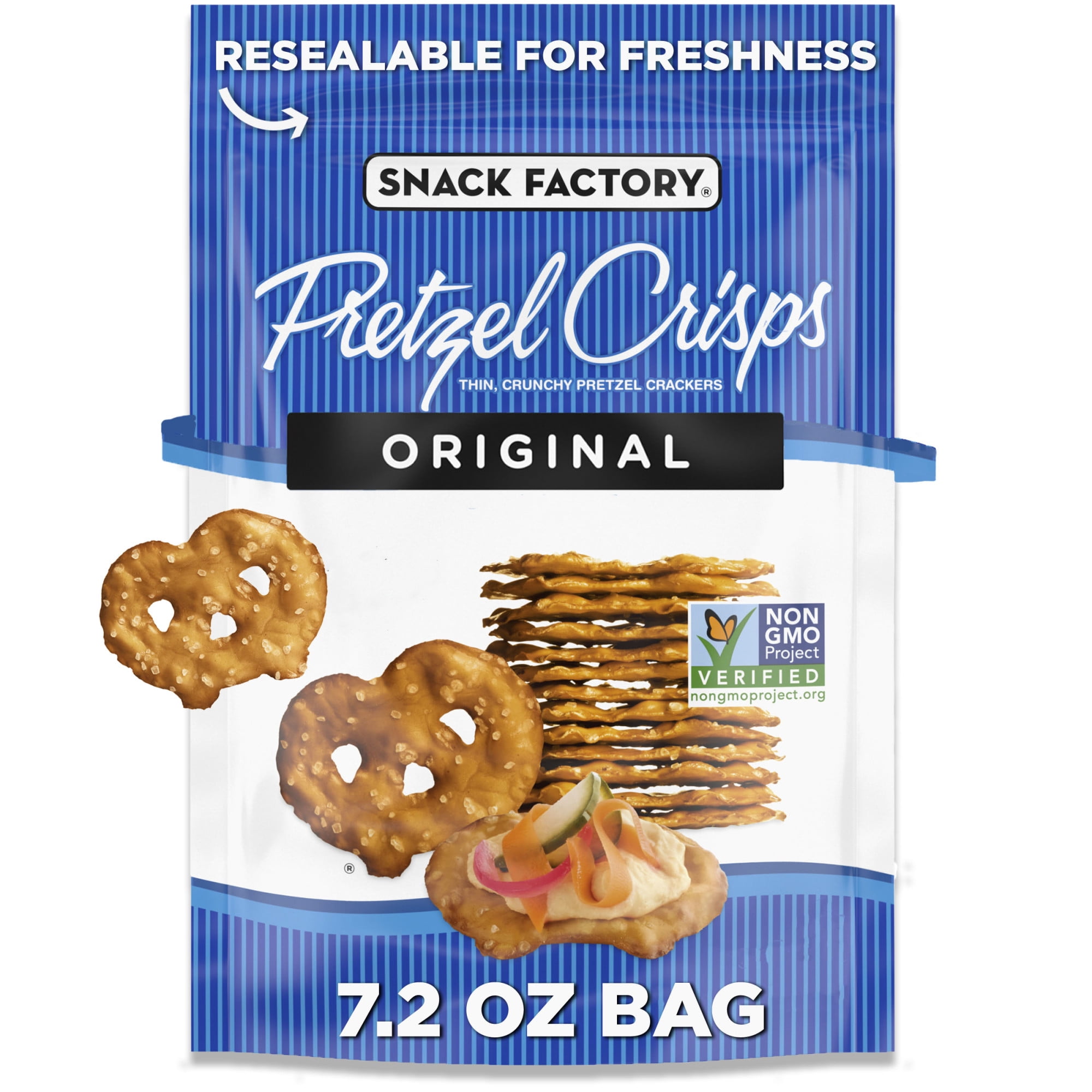 Snack Factory Original Pretzel Crisps, Non-GMO, 7.2 oz Resealable Bag