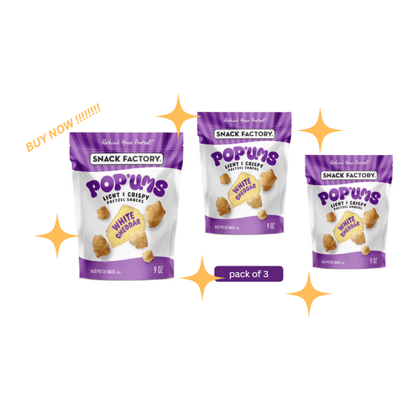 Snack Factory Popums White Cheddar Pretzel Snacks, 9 oz Bag, Pack of 3 Crunchy Cheesy Pretzels, Gluten-Free, Party & Snack Favorite