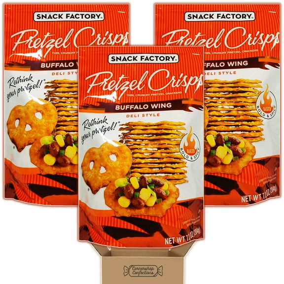 Snack Factory Pretzel Crisps Buffalo Wing Bundle Pack - 3 Packs, Each 7.2 Ounces - Bold & Spicy - Work or School Lunch, Snacks - Eat Them Plain, Dipped, with Toppings - In Cornershop Confections pack