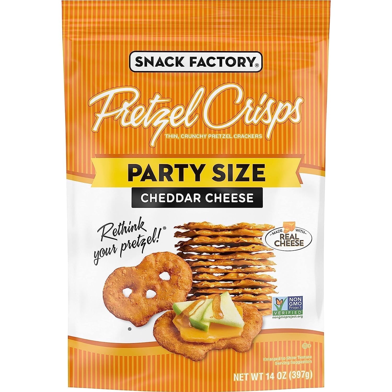 Snack Factory Pretzel Crisps, Cheddar Cheese, Party Size, 14 oz Pack of 3